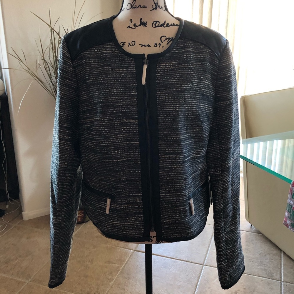 Adrianna Papell Tweed Jacket w/ Leather Trim sz 16